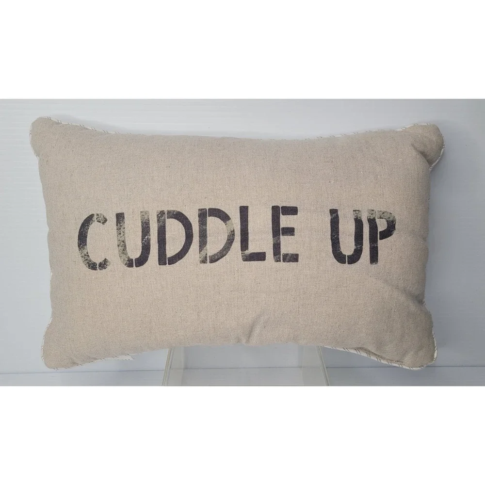 Pottery Barn Cuddle Up Pillow 9x15 Beige Stenciled Lumbar Striped‎ Reverse